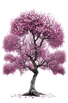 This image depicts a stunning cherry tree in full bloom on a clear, transparent background, highlighting the delicate pink blossoms and lush green leaves.Generative AI