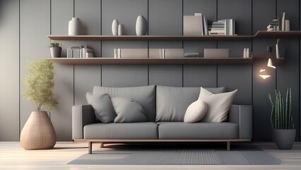 gray and wooden walls, comfortable sofa, modern living room, 3D rendering - generative ai
