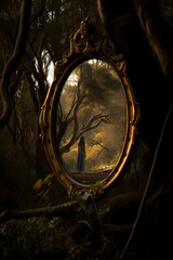 Magic looking oval mirror with complex frame in the autumn woods, reflex of a girl or woman in the mirror 