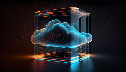 Digital informational technology web futuristic hologram with cloud icon, blue golden light digits and code background, cloud computing. Abstract Motion of digital data flow. - Generative AI