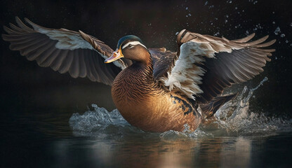 Mallard drake flying over icy winter pond generated by AI