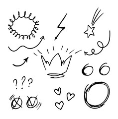 Clipart with checkboxes, arrows, hearts and lightning bolts. Black and white doodle.