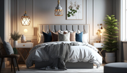 A bright and modern bedroom with elegance generated by AI