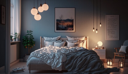 Luxurious modern bedroom illuminated in elegant blue generated by AI