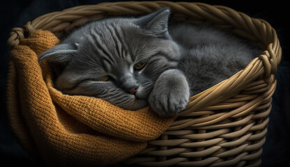 Naklejka na ściany i meble Fluffy striped kitten resting in comfortable wicker basket generated by AI