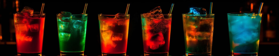 6 neon Cocktails / Drinks in Neonfarben und Neonlicht. Generative Ai.  - obrazy, fototapety, plakaty