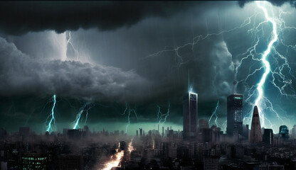 Huge thunderstorm hits at night on city, Lightning storm over city in blue light