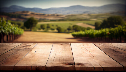 Image of wooden table in front of blurred vineyard landscape at sunset light. vintage filtered. glitter overlay