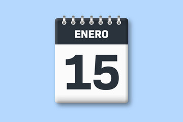 15 de enero - fecha calendario pagina calendario - decimoquinto dia de enero sobre fondo azul - obrazy, fototapety, plakaty