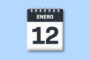 12 de enero - fecha calendario pagina calendario - duodecimo dia de enero sobre fondo azul