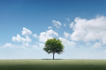 Fototapeta na wymiar Minimalistic shot of a nature scene with a single tree, a blue sky, and white clouds, landscape generated by AI