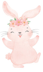 Adorable happy whimsical baby pink bunny rabbit with floral crown watercolour illustration