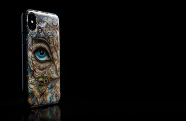 Fancy decorated neoclassic surreal eye on mobile phone on black backgrund, copy space. Generative AI