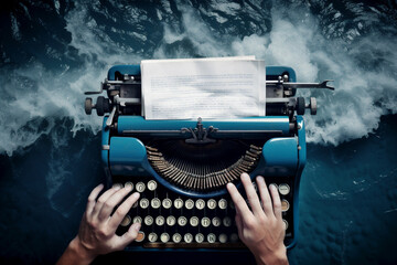 Writer creativity imagination drama adventure novel book, concept illustration, typewriter flying over stormy sea waves. Generative AI - obrazy, fototapety, plakaty