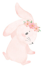 Adorable happy whimsical baby pink bunny rabbit with floral crown watercolour illustration