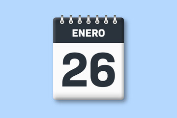 26 de enero - fecha calendario pagina calendario - vigesimo sexto dia de enero sobre fondo azul - obrazy, fototapety, plakaty