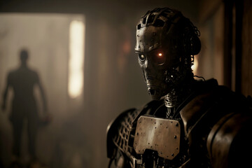 Fototapeta na wymiar Vertical shot of scary robot after apocalypse, Futuristic deadly cyborg Generative AI
