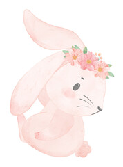 Adorable happy whimsical baby pink bunny rabbit with floral crown watercolour illustration