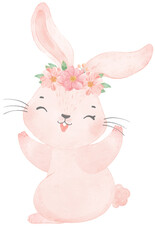 Adorable happy whimsical baby pink bunny rabbit with floral crown watercolour illustration