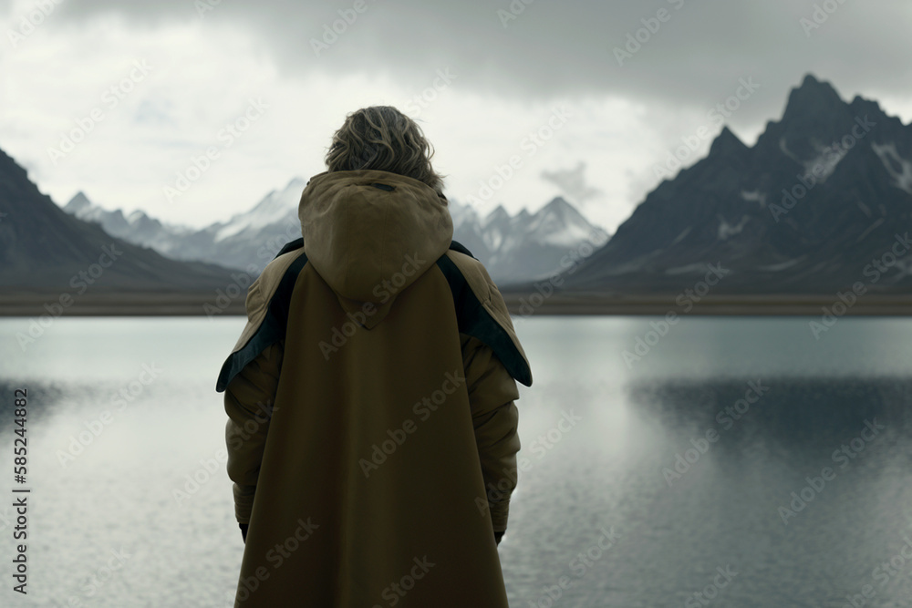 Wall mural vertical shot of strong beautiful blond woman at untouched water generative ai