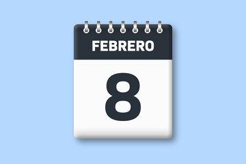 8 de febrero - fecha calendario pagina calendario - octavo dia de febrero sobre fondo azul