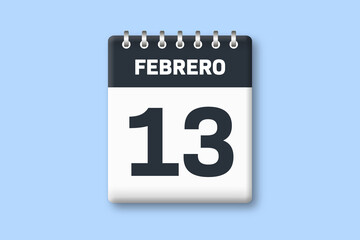 13 de febrero - fecha calendario pagina calendario - decimotercer dia de febrero sobre fondo azul