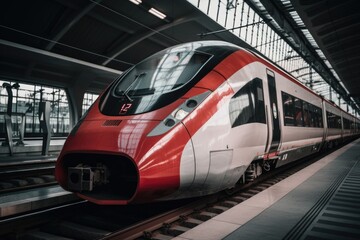 Fototapeta na wymiar Modern new red and white high speed train in station - generative AI