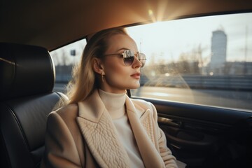 Fototapeta na wymiar Portrait of business woman with sun glasses on backseat of luxury limousine driving through the city - generative AI