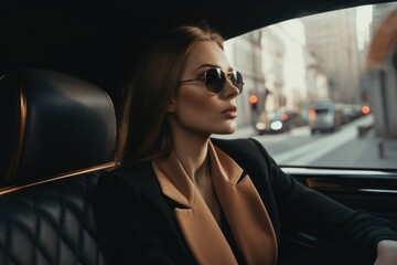 Portrait of business woman with sun glasses on backseat of luxury limousine driving through the city - generative AI - obrazy, fototapety, plakaty