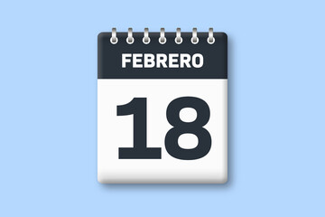 18 de febrero - fecha calendario pagina calendario - dieciocho de febrero sobre fondo azul