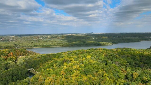 2022 - good aerial over forests approaching the Mississippi River near Dubuque, Iowa.