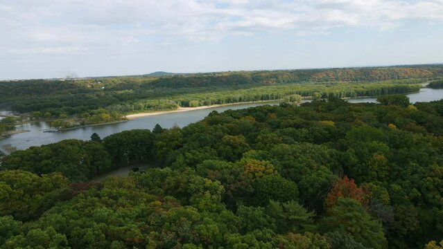 2022 - good aerial over forests approaching the Mississippi River near Dubuque, Iowa.