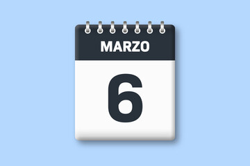 6 de marzo - fecha calendario pagina calendario -  sexto dia de marzo sobre fondo azul