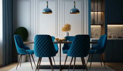 interior design of minimalist dining room, wooden table and blue chairs, Generative Ai