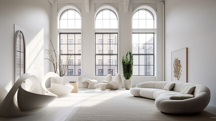 Fototapeta na wymiar Aesthetic minimalist white modern living room (Edited Generative AI)