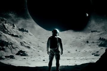 Fototapeta na wymiar Vertical shot of strong astronauts standing alone at moon Generative AI