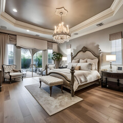 Luxury bedroom interior with bedding sheet light tone and contemporary style. Generative AI