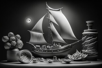 Monochromatic Abstract Still Life, Realistic Landscape, and Nautical Illustrations with Ominous Skies and Starry Nights Enhance Harry Potter's Boat Adventures!, Generative AI - obrazy, fototapety, plakaty