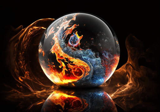 The Yin-Yang energy of fire and water are raging in a glass magic ball.  AI Generated