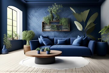 Dark blue stone wall interior room with wooden decor, sofa and plant vase, center table, home decor. - generative ai
