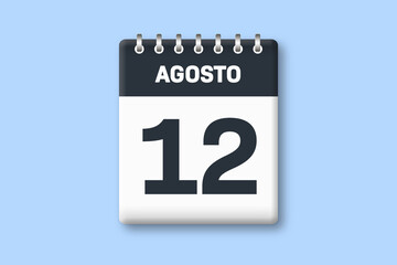 12 de agosto - fecha calendario pagina calendario -  duodecimo dia de agosto sobre fondo azul