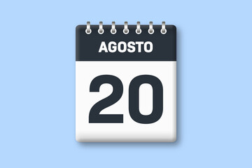 20 de agosto - fecha calendario pagina calendario -  vigesimo dia de agosto sobre fondo azul