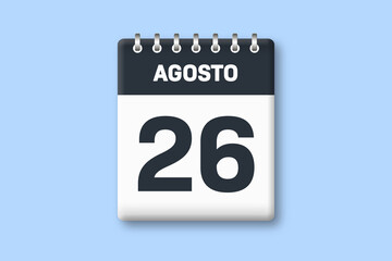 26 de agosto - fecha calendario pagina calendario - vigesimo sexto dia de agosto sobre fondo azul - obrazy, fototapety, plakaty