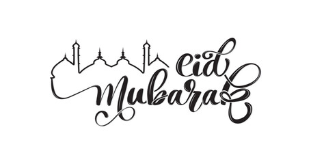 Eid Mubarak handwritten text lettering. Vector calligraphy with a mosque in black color on white background transparent for your design. Suitable for cards, banners, and posters