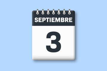 3 de septiembre - fecha calendario pagina calendario -  tercer dia de septiembre sobre fondo azul