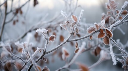 Closeup photograph of icy frost on tree branch with leaves and berries. Winter ice and snow in a forest background.