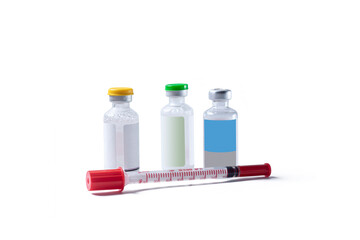 Vaccine vials and syringe isolated on white background. Coronavirus Vaccine.