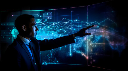 A businessman using holographic projection for financial analysis and decision making