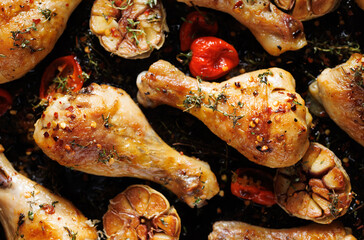 Spicy baked chicken legs, drumsticks with the addition of aromatic herbs and spices, close up view