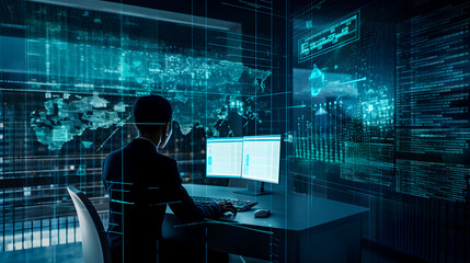 The power of digital technology with a focus on a software engineer utilizing a computer with lines of code, data analysis, and AI algorithms to improve business operations 